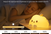 Child sleeping with a cute night light on a bed, brightness adjustment slider at the bottom.